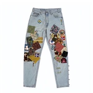 Vintage 90s Levi’s Upcycled Patchwork Orange Tab Jeans Relaxed Fit Tapered Leg